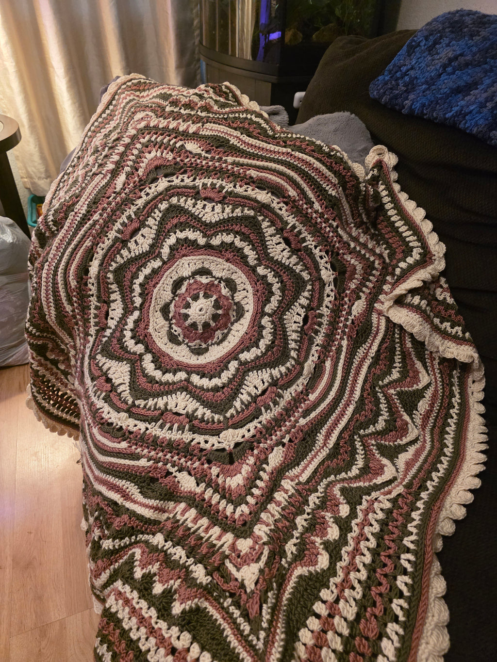 Handmade 40in rose, sage, white afghan