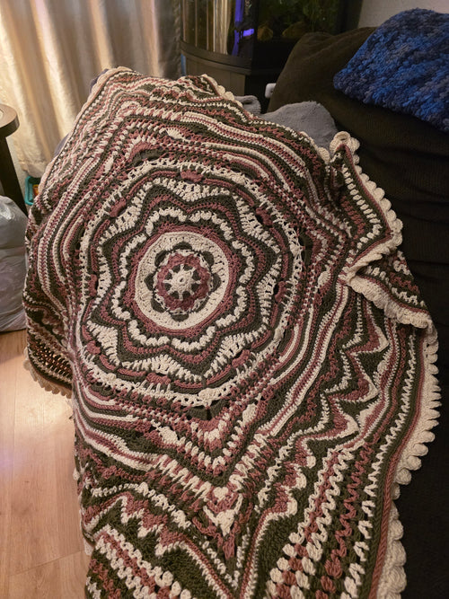 Handmade 40in rose, sage, white afghan