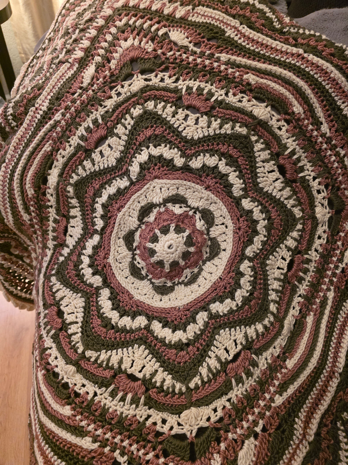 Handmade 40in rose, sage, white afghan