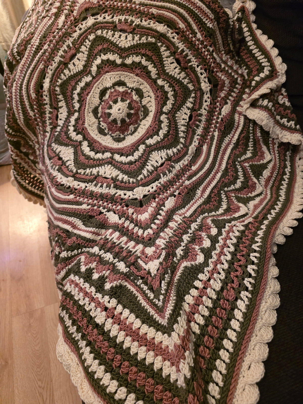 Handmade 40in rose, sage, white afghan