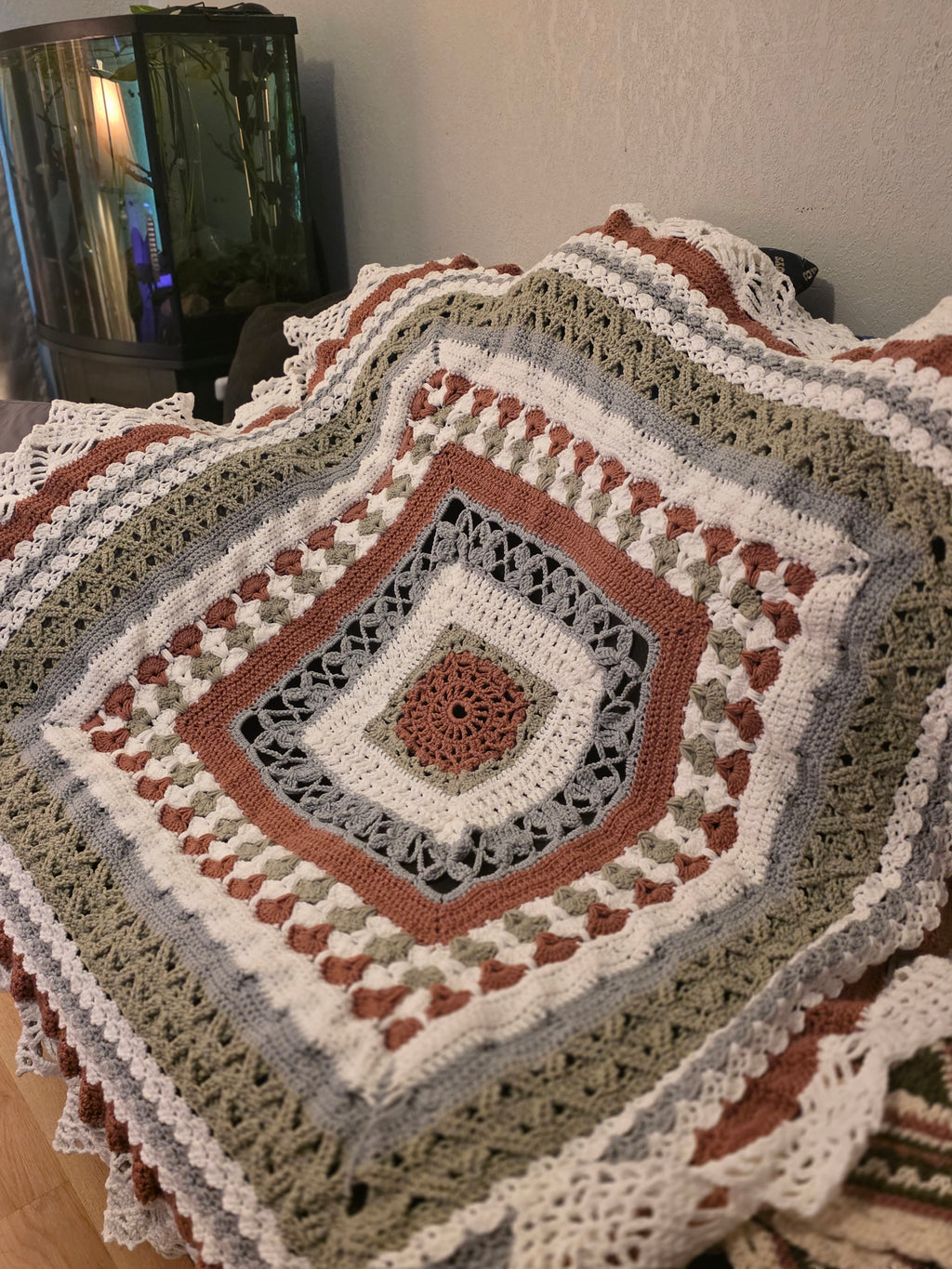 Handmade 54in sage, rose, grey, white afghan