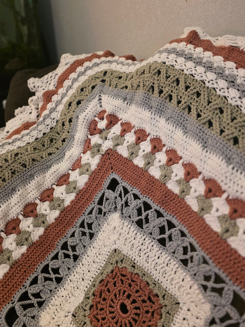 Handmade 54in sage, rose, grey, white afghan