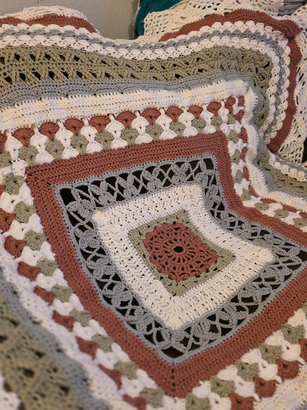Handmade 54in sage, rose, grey, white afghan