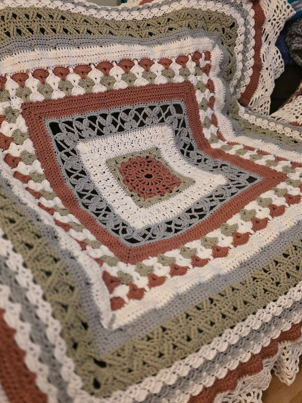 Handmade 54in sage, rose, grey, white afghan
