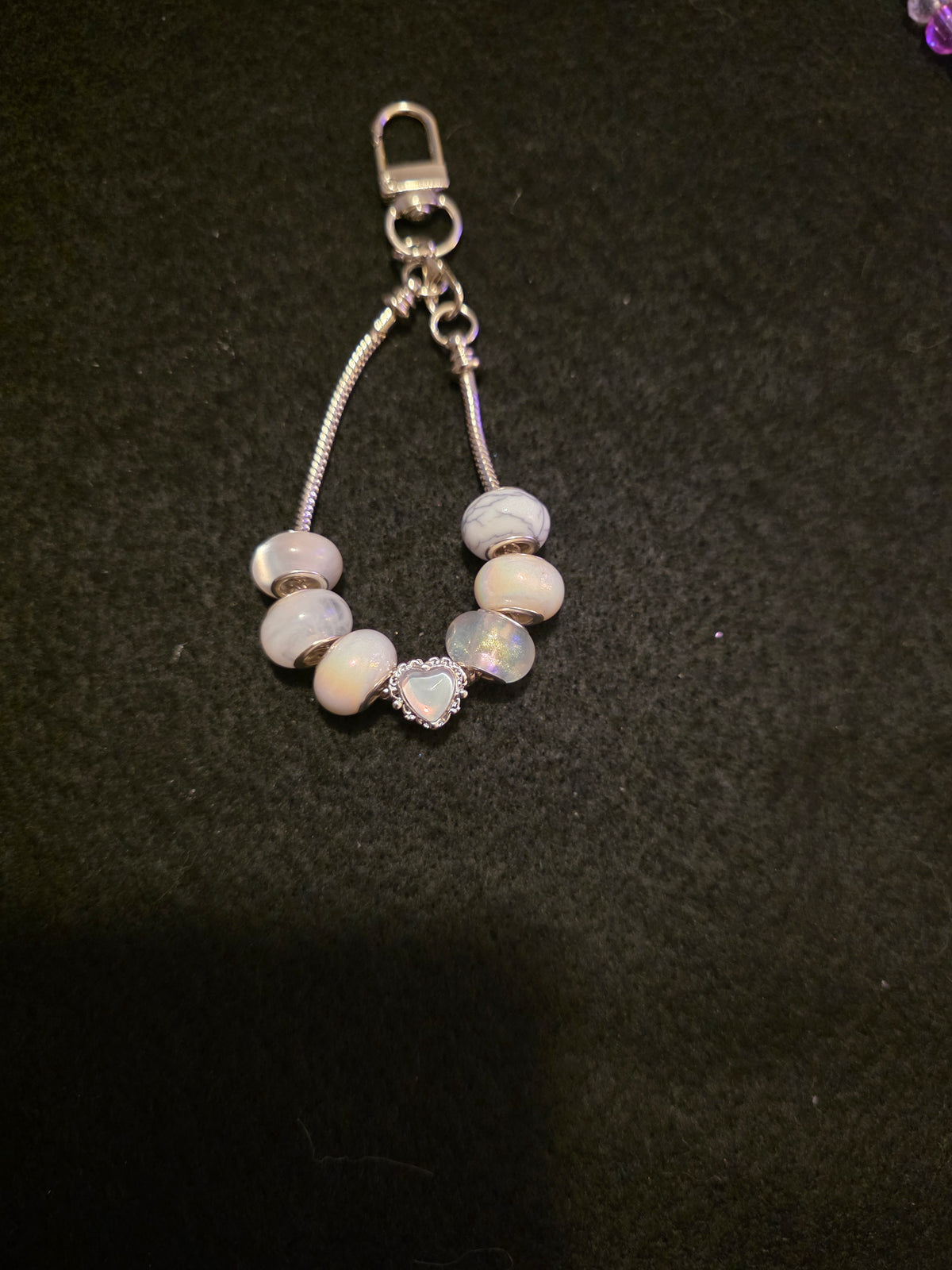 Handmade White & Silver Heart Beaded Purse Charm