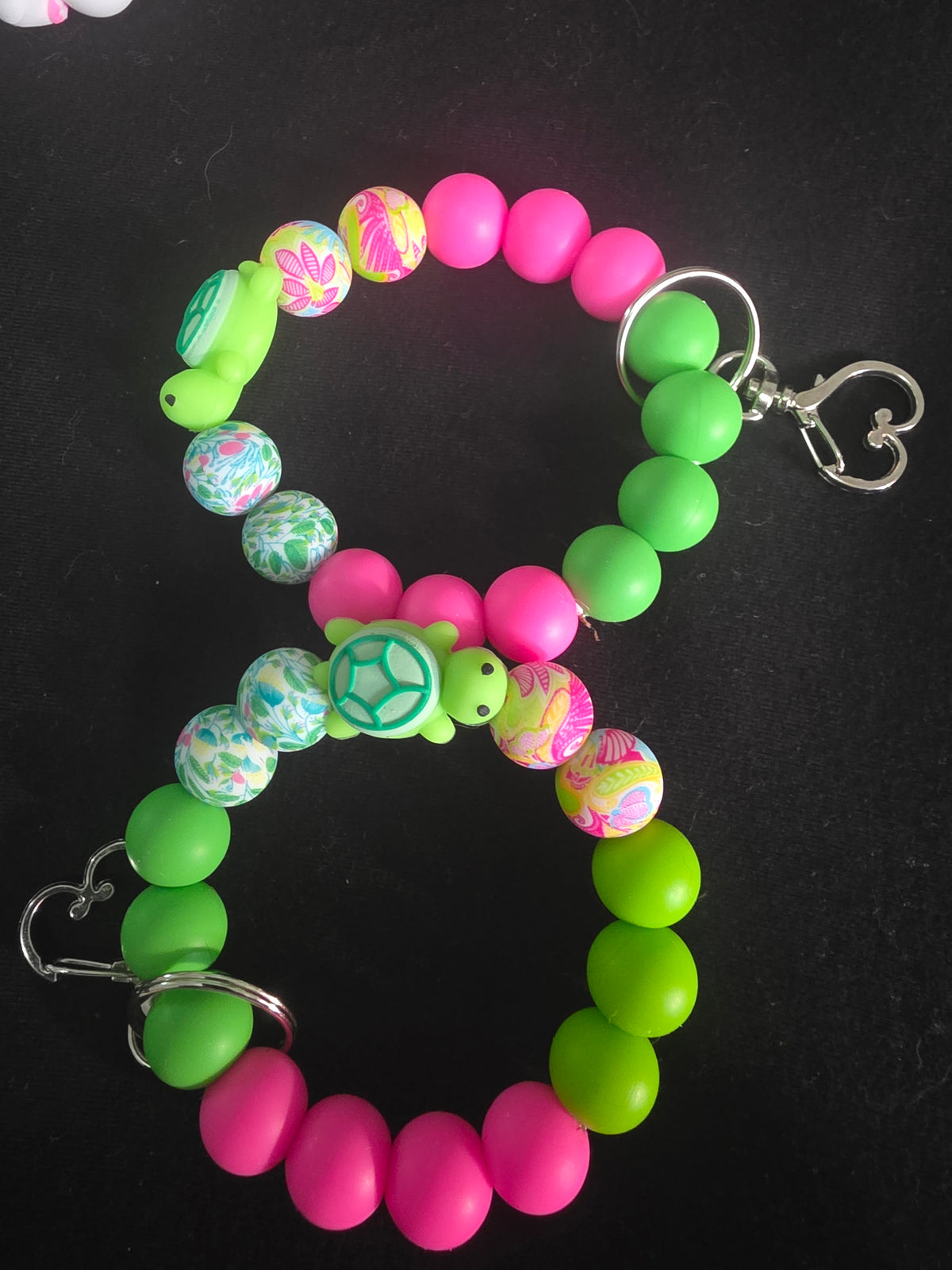 Pink & Green Turtle Silicone Beaded Wristlet Keychain