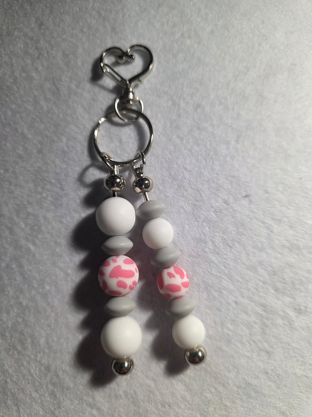 Handmade Pink & Gray Double-Strand Beaded Keychain