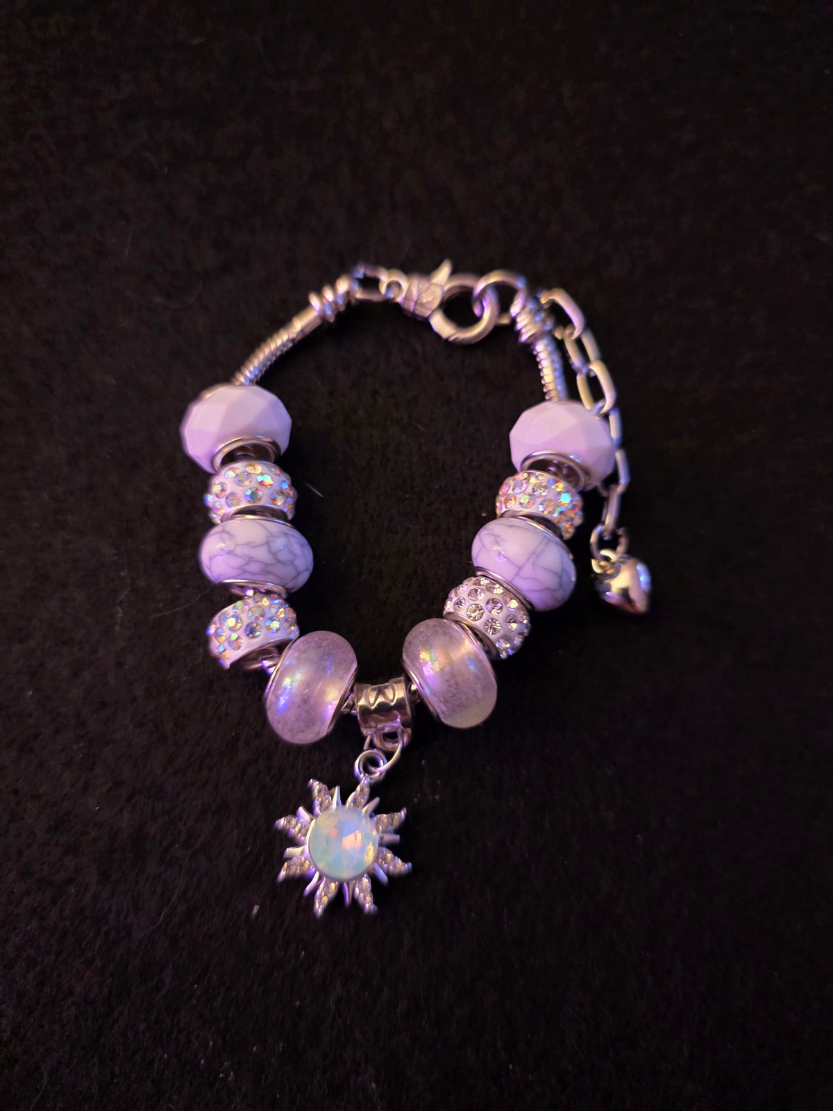 Handmade Lavender & Crystal Sun Charm Beaded Bracelet