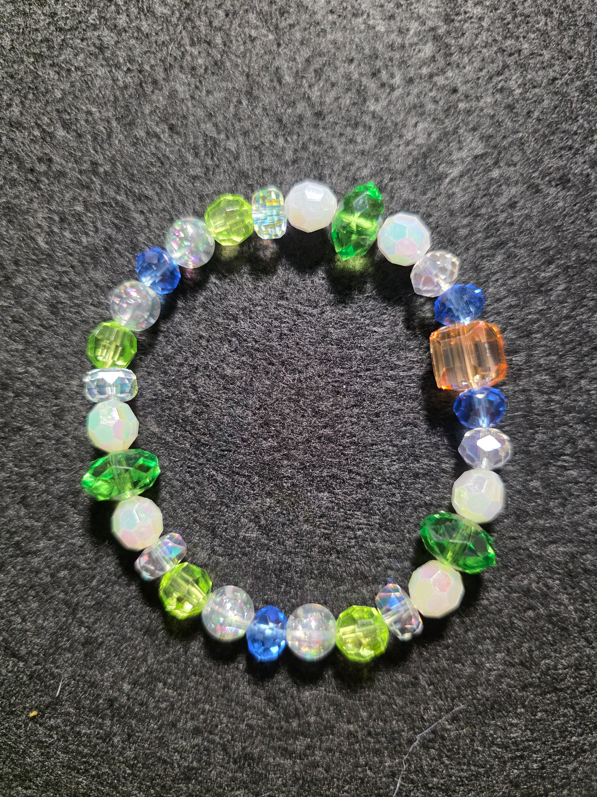 Handmade Green, Blue & Iridescent Beaded Bracelet