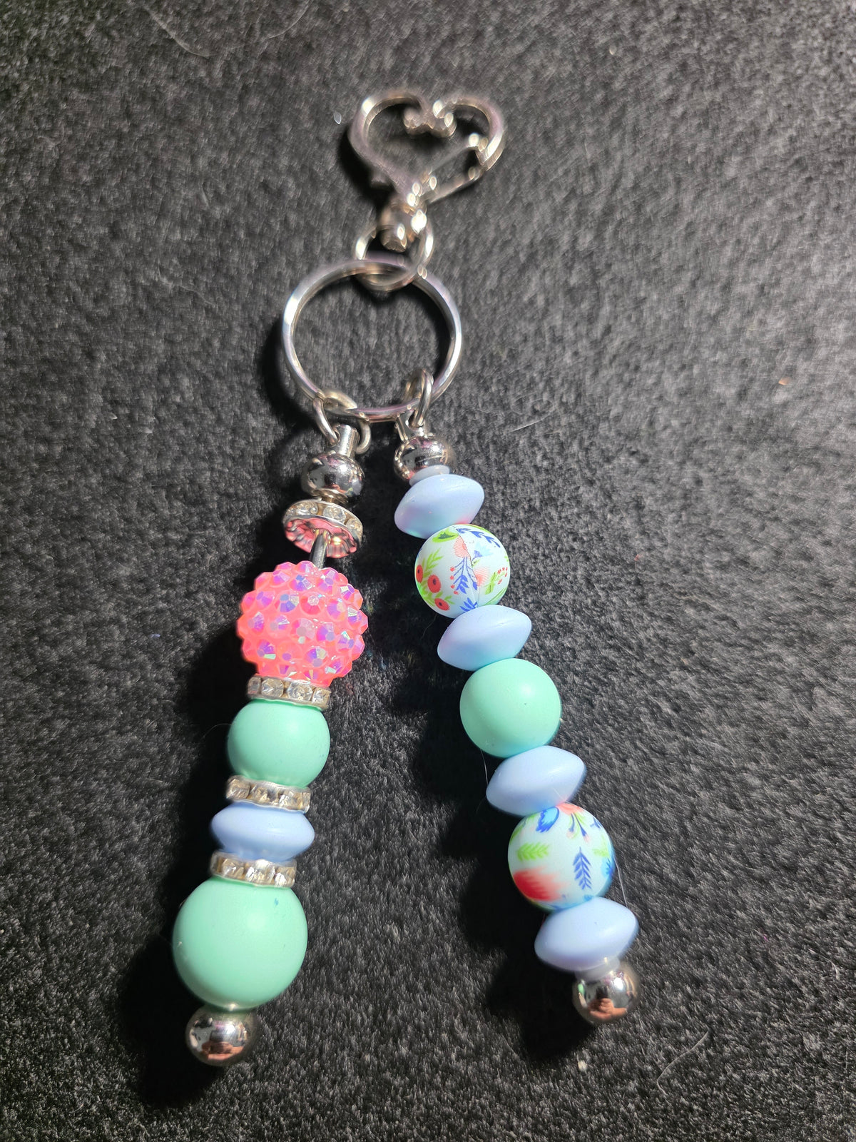 Handmade Mint, Blue & Floral Double Beaded Keychain