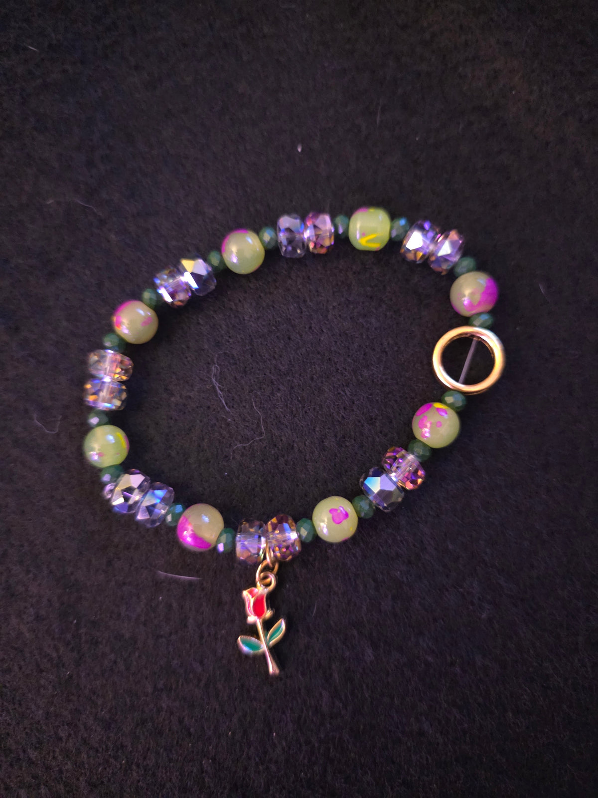 Handmade Green & Crystal Rose Charm Bracelet
