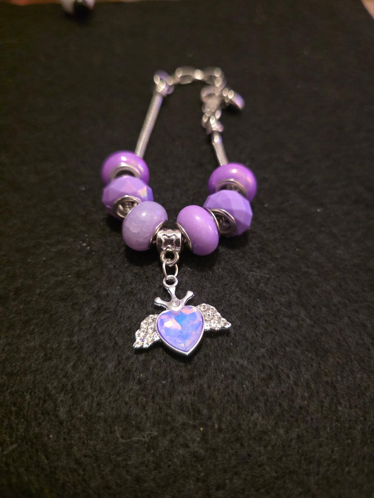 Handmade Purple Winged Heart Charm Bracelet