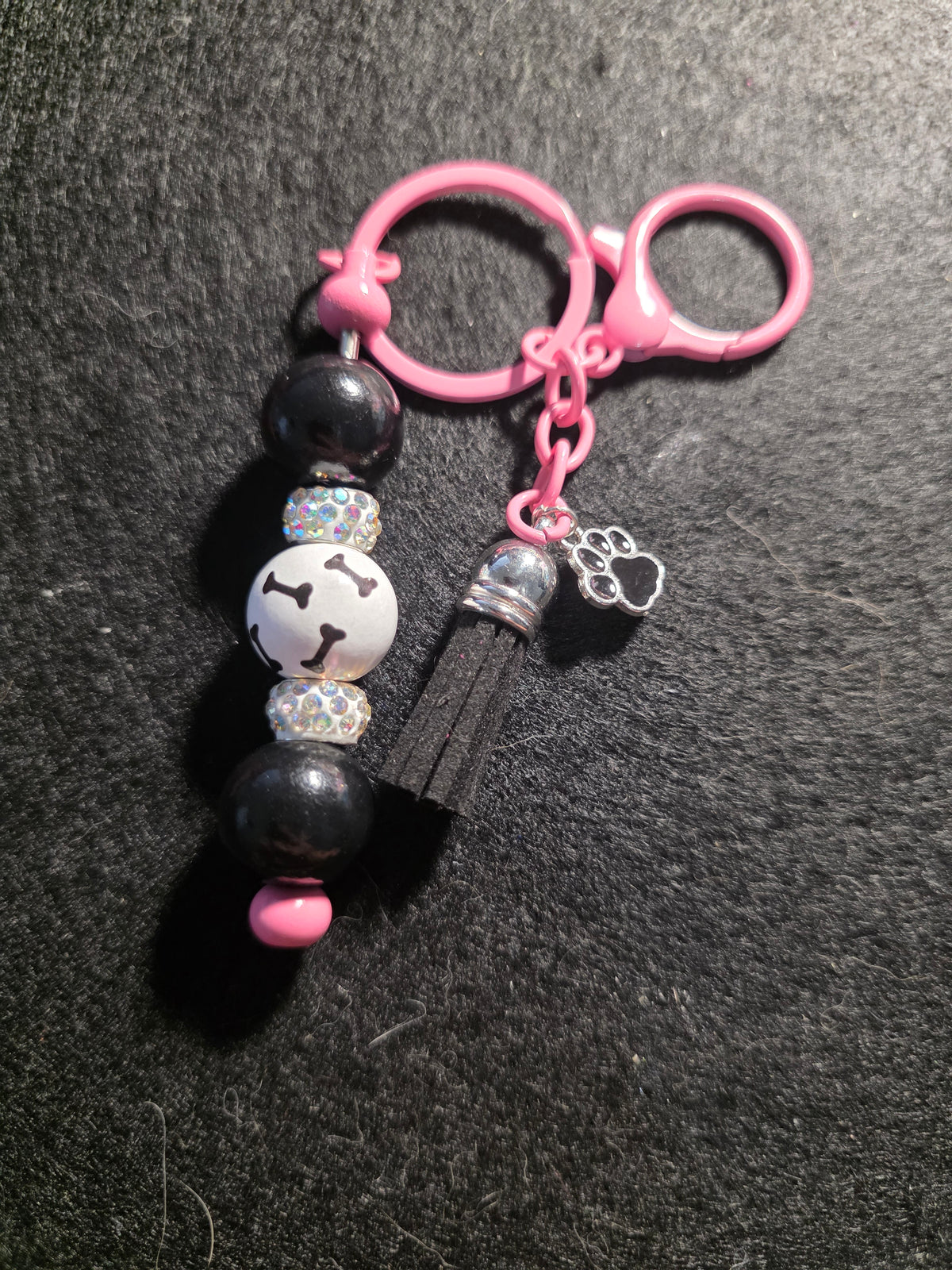 Pink & Black Dog Bone Beaded Keychain
