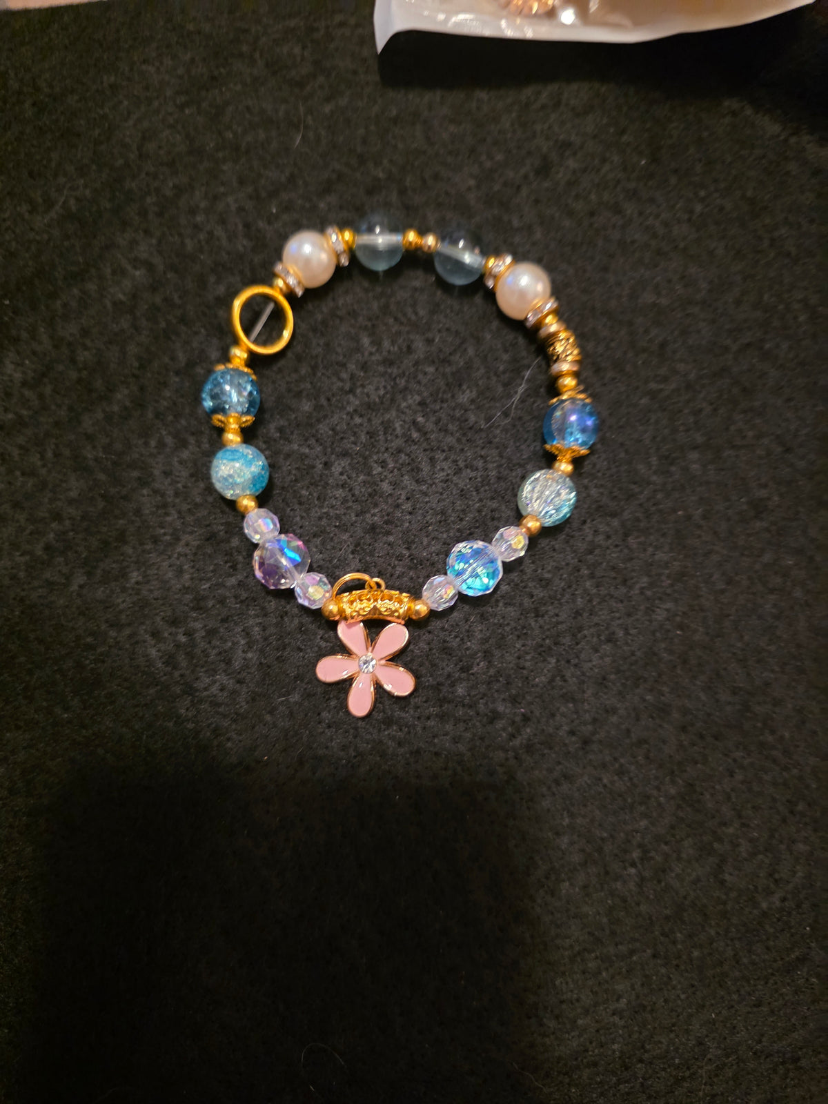 Handmade Blue & Gold Beaded Flower Charm Bracelet