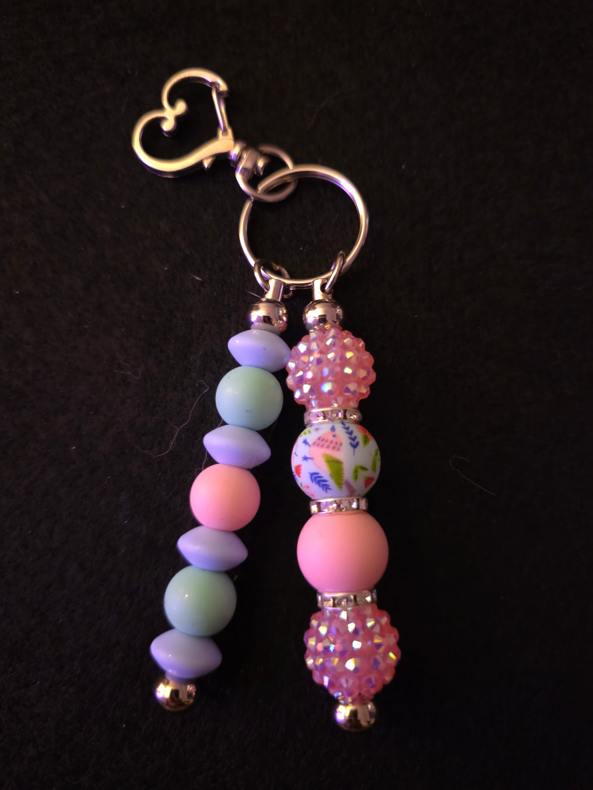 Handmade Pastel Floral Double-Dangle Heart Keychain