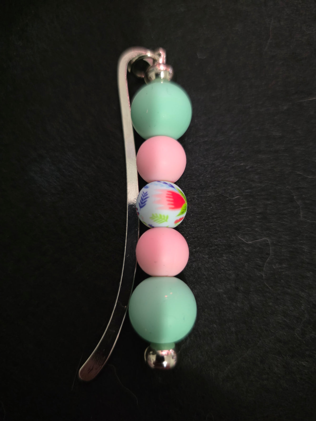 Handmade Mint Green & Pink Floral Beaded Bookmark